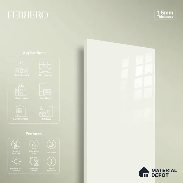 Ferrero 1B 0843 Pearl White 8 ft x 4 ft Solid Series High Gloss Finish Acrylic Laminate - 1.5 mm (LM 01139) | Matching Edgeband Code - 843 | Suitable for Kitchen Cabinets, Study Areas, Wardrobe