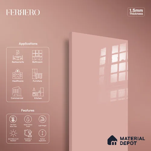 Ferrero 1B 0844 Dusky Blush 8 ft x 4 ft Solid Series High Gloss Finish Acrylic Laminate - 1.5 mm (LM 01140) | Matching Edgeband Code - 844 | Suitable for Kitchen Cabinets, Study Areas, Wardrobe