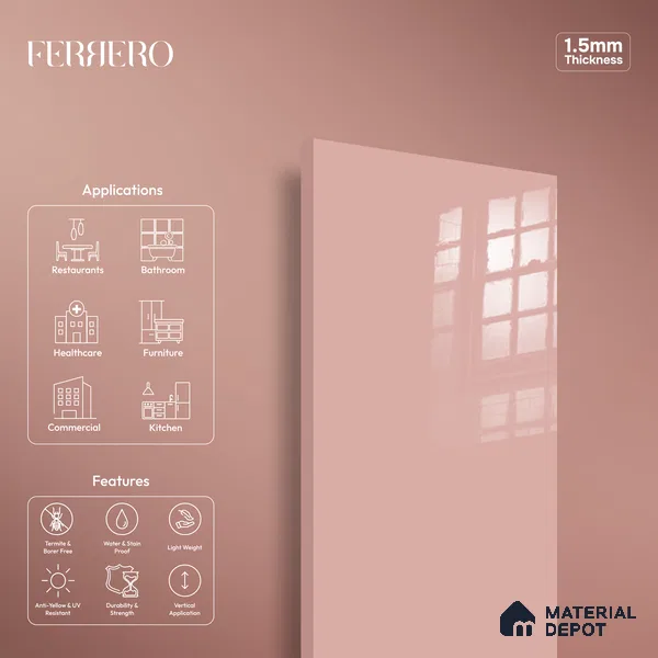 Ferrero 1B 0844 Dusky Blush 8 ft x 4 ft Solid Series High Gloss Finish Acrylic Laminate - 1.5 mm (LM 01140) | Matching Edgeband Code - 844 | Suitable for Kitchen Cabinets, Study Areas, Wardrobe