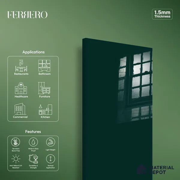 Ferrero 1B 0845 Bottle Green 8 ft x 4 ft Solid Series High Gloss Finish Acrylic Laminate - 1.5 mm (LM 01141) | Matching Edgeband Code - 845 | Suitable for Kitchen Cabinets, Study Areas, Wardrobe