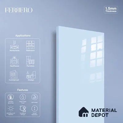 Ferrero 1B 0846 Soft Blue 8 ft x 4 ft Solid Series High Gloss Finish Acrylic Laminate - 1.5 mm (LM 01142) | Matching Edgeband Code - 846 | Suitable for Kitchen Cabinets, Study Areas, Wardrobe