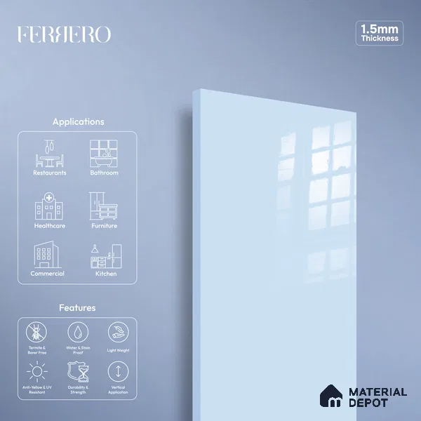 Ferrero 1B 0846 Soft Blue 8 ft x 4 ft Solid Series High Gloss Finish Acrylic Laminate - 1.5 mm (LM 01142) | Matching Edgeband Code - 846 | Suitable for Kitchen Cabinets, Study Areas, Wardrobe