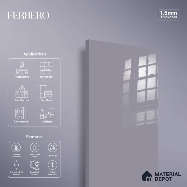 Ferrero 1B 0847 Muted Violet 8 ft x 4 ft Solid Series High Gloss Finish Acrylic Laminate - 1.5 mm (LM 01143) | Matching Edgeband Code - 847 | Suitable for Kitchen Cabinets, Study Areas, Wardrobe