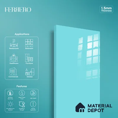 Ferrero 1B 0848 Bright Blue 8 ft x 4 ft Solid Series High Gloss Finish Acrylic Laminate - 1.5 mm (LM 01144) | Matching Edgeband Code - 848 | Suitable for Kitchen Cabinets, Study Areas, Wardrobe