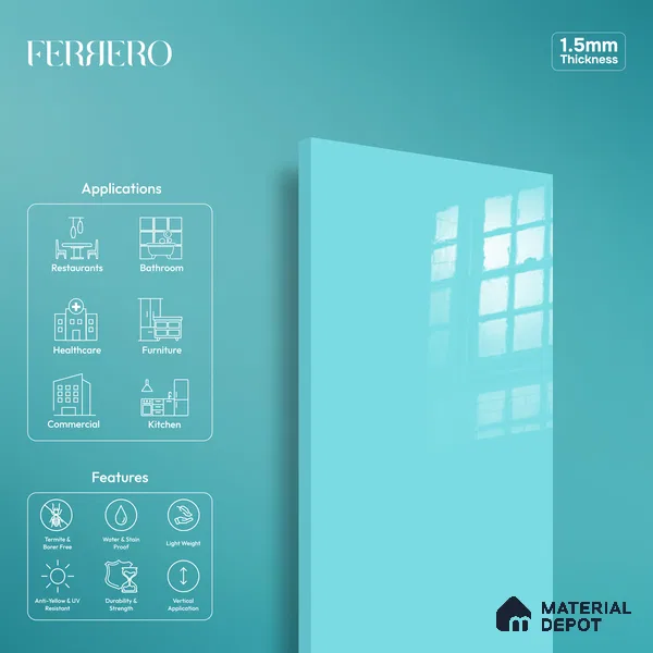 Ferrero 1B 0848 Bright Blue 8 ft x 4 ft Solid Series High Gloss Finish Acrylic Laminate - 1.5 mm (LM 01144) | Matching Edgeband Code - 848 | Suitable for Kitchen Cabinets, Study Areas, Wardrobe