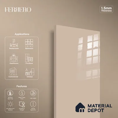 Ferrero 1B 0849 Earthy Sand 8 ft x 4 ft Solid Series High Gloss Finish Acrylic Laminate - 1.5 mm (LM 01145) | Matching Edgeband Code - 849 | Suitable for Kitchen Cabinets, Study Areas, Wardrobe