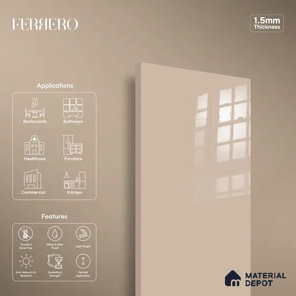 Ferrero 1B 0849 Earthy Sand 8 ft x 4 ft Solid Series High Gloss Finish Acrylic Laminate - 1.5 mm (LM 01145) | Matching Edgeband Code - 849 | Suitable for Kitchen Cabinets, Study Areas, Wardrobe