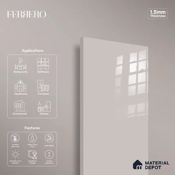 Ferrero 1B 0850 Pebble Beige 8 ft x 4 ft Solid Series High Gloss Finish Acrylic Laminate - 1.5 mm (LM 01146) | Matching Edgeband Code - 850 | Suitable for Kitchen Cabinets, Study Areas, Wardrobe