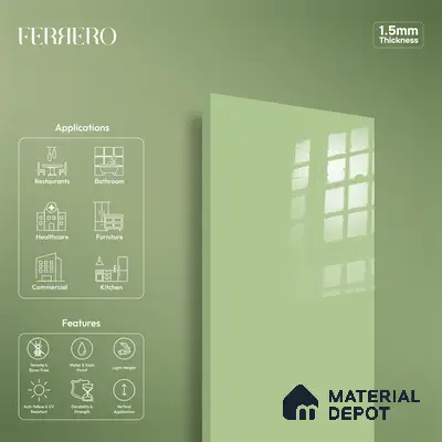 Ferrero 1B 0864 Pista Green 8 ft x 4 ft Solid Series High Gloss Finish Acrylic Laminate - 1.5 mm (LM 01156) | Matching Edgeband Code - 864 | Suitable for Kitchen Cabinets, Study Areas, Wardrobe