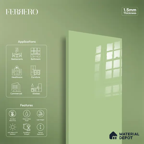 Ferrero 1B 0864 Pista Green 8 ft x 4 ft Solid Series High Gloss Finish Acrylic Laminate - 1.5 mm (LM 01156) | Matching Edgeband Code - 864 | Suitable for Kitchen Cabinets, Study Areas, Wardrobe