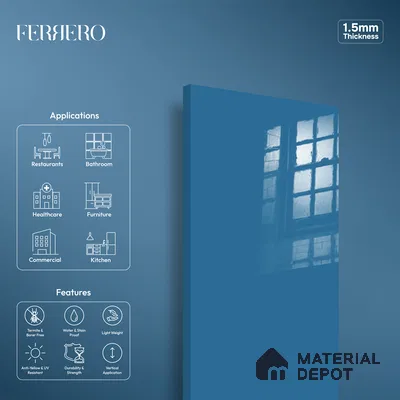 Ferrero 1B 0888 Midnight Aqua 8 ft x 4 ft Solid Series High Gloss Finish Acrylic Laminate - 1.5 mm (LM 01163) | Matching Edgeband Code - 888 | Suitable for Kitchen Cabinets, Study Areas, Wardrobe