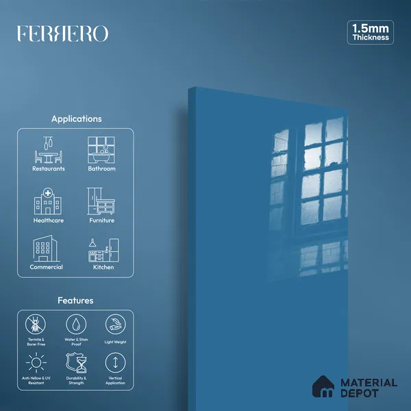 Ferrero 1B 0888 Midnight Aqua 8 ft x 4 ft Solid Series High Gloss Finish Acrylic Laminate - 1.5 mm (LM 01163) | Matching Edgeband Code - 888 | Suitable for Kitchen Cabinets, Study Areas, Wardrobe