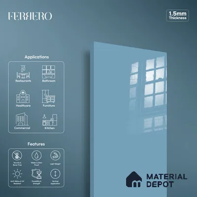 Ferrero 1B 0889 Glacier Blue 8 ft x 4 ft Solid Series High Gloss Finish Acrylic Laminate - 1.5 mm (LM 01164) | Matching Edgeband Code - 889 | Suitable for Kitchen Cabinets, Study Areas, Wardrobe
