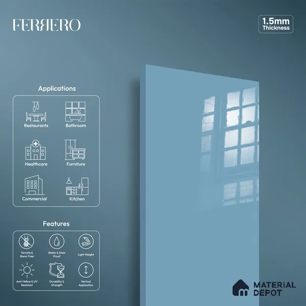 Ferrero 1B 0889 Glacier Blue 8 ft x 4 ft Solid Series High Gloss Finish Acrylic Laminate - 1.5 mm (LM 01164) | Matching Edgeband Code - 889 | Suitable for Kitchen Cabinets, Study Areas, Wardrobe