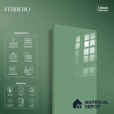 Ferrero 1B 0896 Meadow Green 8 ft x 4 ft Solid Series High Gloss Finish Acrylic Laminate - 1.5 mm (LM 01154) | Matching Edgeband Code - 896 | Suitable for Kitchen Cabinets, Study Areas, Wardrobe