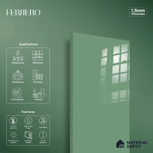 Ferrero 1B 0896 Meadow Green 8 ft x 4 ft Solid Series High Gloss Finish Acrylic Laminate - 1.5 mm (LM 01154) | Matching Edgeband Code - 896 | Suitable for Kitchen Cabinets, Study Areas, Wardrobe