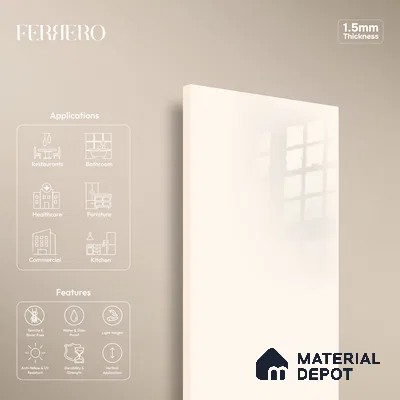 Ferrero 1B 0897 Vanilla White 8 ft x 4 ft Solid Series High Gloss Finish Acrylic Laminate - 1.5 mm (LM 01147) | Matching Edgeband Code - 897 | Suitable for Kitchen Cabinets, Study Areas, Wardrobe