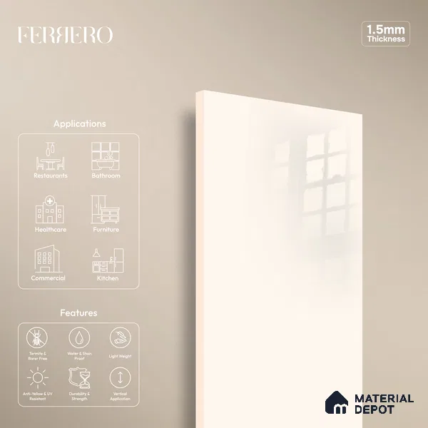 Ferrero 1B 0897 Vanilla White 8 ft x 4 ft Solid Series High Gloss Finish Acrylic Laminate - 1.5 mm (LM 01147) | Matching Edgeband Code - 897 | Suitable for Kitchen Cabinets, Study Areas, Wardrobe