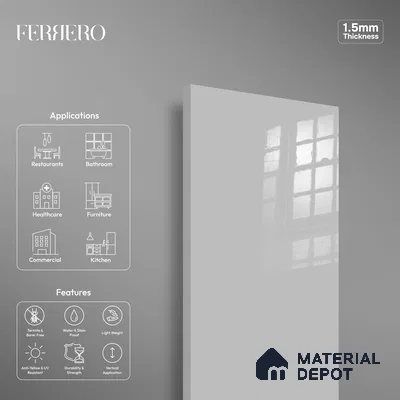 Ferrero 1B 0898 Misty Gray 8 ft x 4 ft Solid Series High Gloss Finish Acrylic Laminate - 1.5 mm (LM 01148) | Matching Edgeband Code - 898 | Suitable for Kitchen Cabinets, Study Areas, Wardrobe