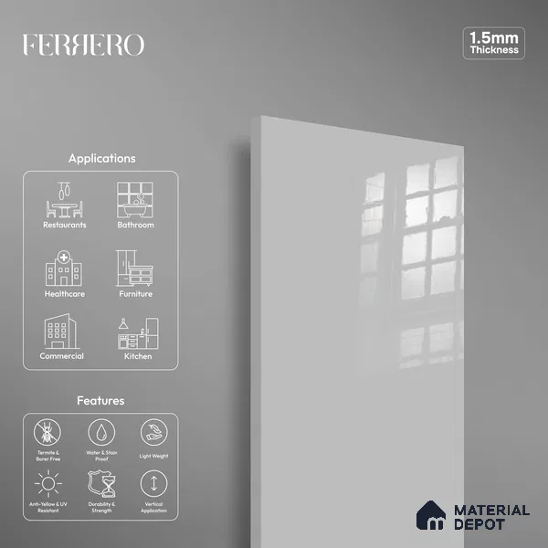 Ferrero 1B 0898 Misty Gray 8 ft x 4 ft Solid Series High Gloss Finish Acrylic Laminate - 1.5 mm (LM 01148) | Matching Edgeband Code - 898 | Suitable for Kitchen Cabinets, Study Areas, Wardrobe
