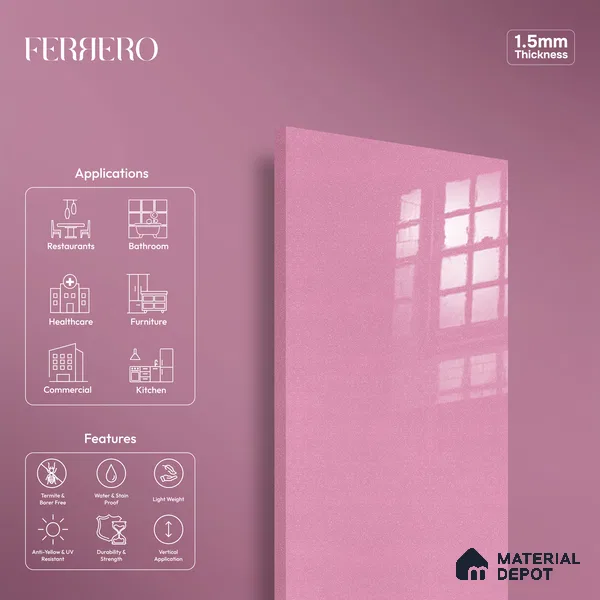 Ferrero 1B 0941 Rose Sparkle 8 ft x 4 ft Sparkle Series High Gloss Finish Acrylic Laminate - 1.5 mm (LM 01123) | Suitable for Kitchen Cabinets, Study Areas, Wardrobe