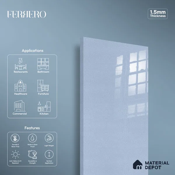 Ferrero 1B 0942 Frosted Blue 8 ft x 4 ft Sparkle Series High Gloss Finish Acrylic Laminate - 1.5 mm (LM 01124) | Suitable for Kitchen Cabinets, Study Areas, Wardrobe