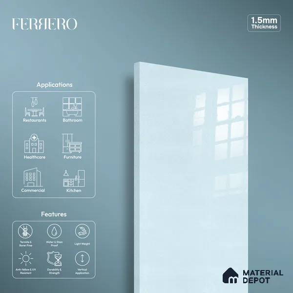 Ferrero 1B 0944 Crystal Sky 8 ft x 4 ft Sparkle Series High Gloss Finish Acrylic Laminate - 1.5 mm (LM 01126) | Suitable for Kitchen Cabinets, Study Areas, Wardrobe