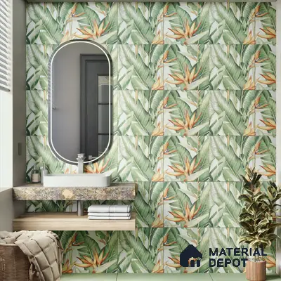 Tropical Wall Tile TL 00208 A Pattern 1 Lush Green 1 ft x 1 ft Matte Finish Ceramic Tile - 9 mm | Suitable For Bathroom, Balcony, Dining Area | Please Expect a Slight Variation of Pattern