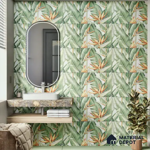 Tropical Wall Tile TL 00208 A Pattern 1 Lush Green 1 ft x 1 ft Matte Finish Ceramic Tile - 9 mm | Suitable For Bathroom, Balcony, Dining Area | Please Expect a Slight Variation of Pattern