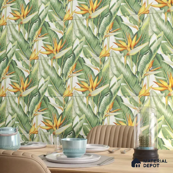 Tropical Wall Tile TL 00208 A Pattern 1 Lush Green 1 ft x 1 ft Matte Finish Ceramic Tile - 9 mm | Suitable For Bathroom, Balcony, Dining Area | Please Expect a Slight Variation of Pattern