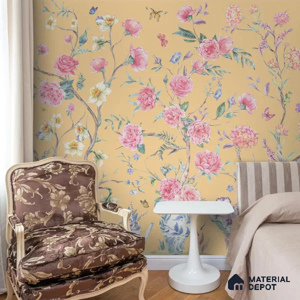 Oriental Yellow Chinoiserie Wallpaper for Walls Sukoon Series Canvas Chinoserie Design (Customised Size Wallpaper)