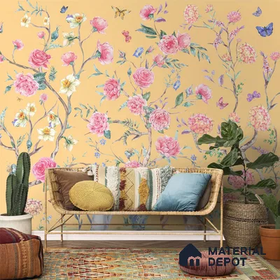 Oriental Yellow Chinoiserie Wallpaper for Walls Sukoon Series Canvas Chinoserie Design (Customised Size Wallpaper)