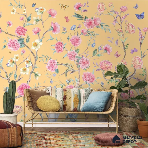 Oriental Yellow Chinoiserie Wallpaper for Walls Sukoon Series Canvas Chinoserie Design (Customised Size Wallpaper)