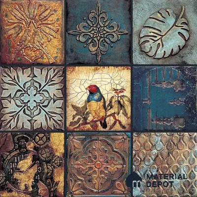 Handmade Third Fired Tumbled Tile TL 12983 E Verdigris Patina 97x97 mm Satin Finish Embossed On Vitrified Mexican Series Tile - 11 mm | Custom Design & Individual Designs Available