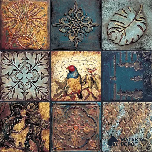 Handmade Third Fired Tumbled Tile TL 12983 E Verdigris Patina 97x97 mm Satin Finish Embossed On Vitrified Mexican Series Tile - 11 mm | Custom Design & Individual Designs Available