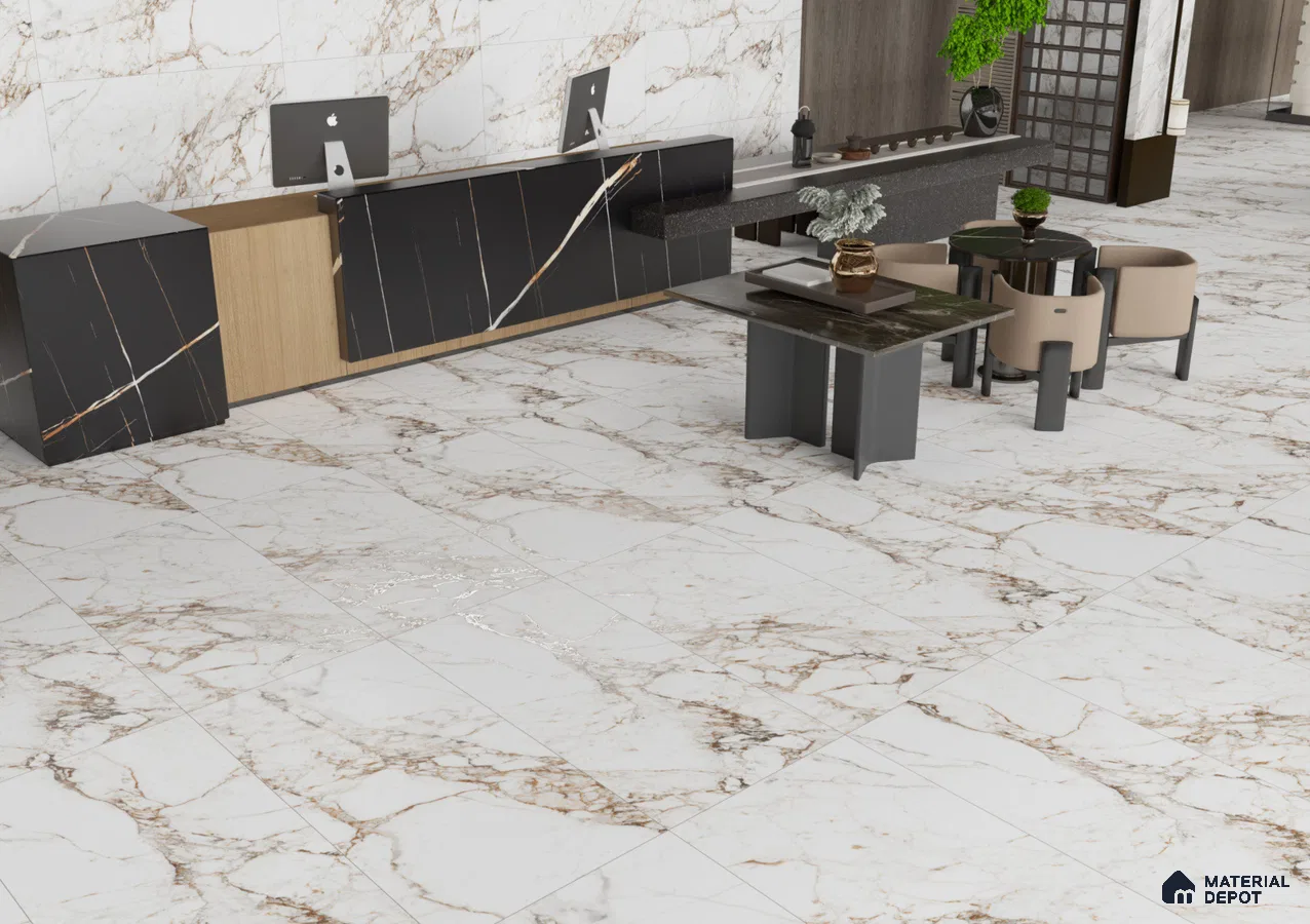 Elegant Office Reception with Marble-Inspired Tiles and Luxurious Accents | Material Depot