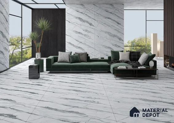 Contemporary Living Room with Striking Marble Tiles | Material Depot