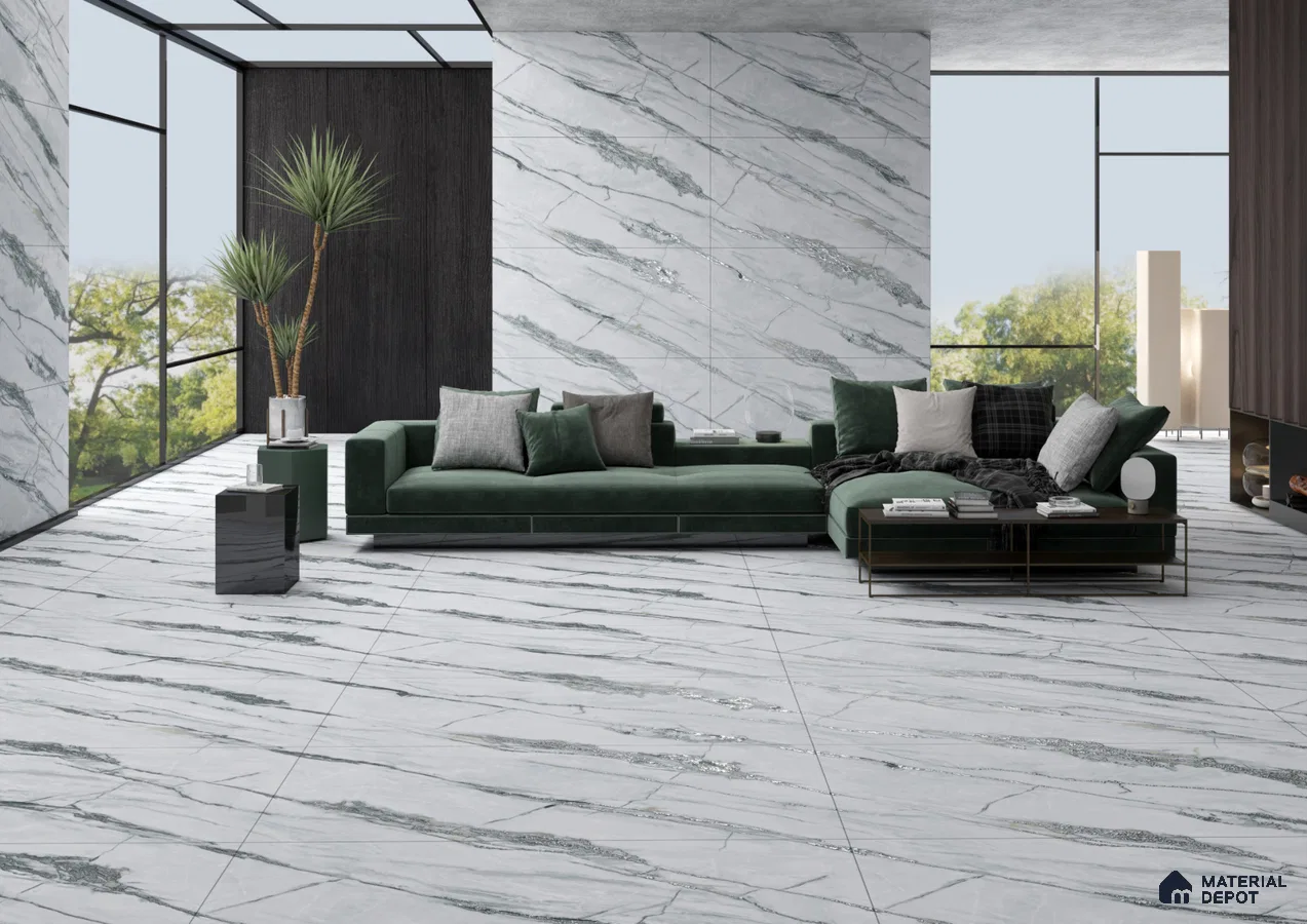 Contemporary Living Room with Striking Marble Tiles | Material Depot