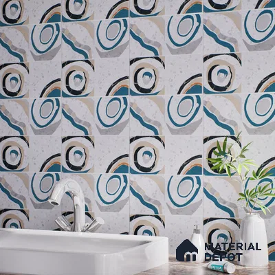 Abstract Wall & Floor Tile TL 04927 Marrakech Azul White 1 ft x 1 ft Ceramic Matte Finish - 9 mm | Random 2 | Suitable for Living Room, Bedroom, Bathroom, Courtyard, Balcony | Please Expect a Slight Variation of Pattern (Sample)