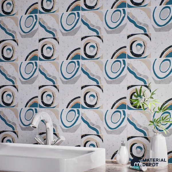 Abstract Wall & Floor Tile TL 04927 Marrakech Azul White 1 ft x 1 ft Ceramic Matte Finish - 9 mm | Random 2 | Suitable for Living Room, Bedroom, Bathroom, Courtyard, Balcony | Please Expect a Slight Variation of Pattern (Sample)
