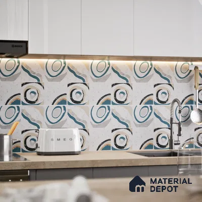 Abstract Wall & Floor Tile TL 04927 Marrakech Azul White 1 ft x 1 ft Ceramic Matte Finish - 9 mm | Random 2 | Suitable for Living Room, Bedroom, Bathroom, Courtyard, Balcony | Please Expect a Slight Variation of Pattern (Sample)