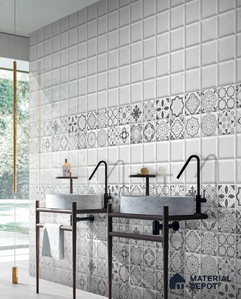 Highlighter Wall Tile TL 01451 A Piazza Alfie White HL2 1 ft x 1 ft Ceramic Glazed Glossy Finish Tile - 9 mm | Suitable For Kitchen & Bathroom