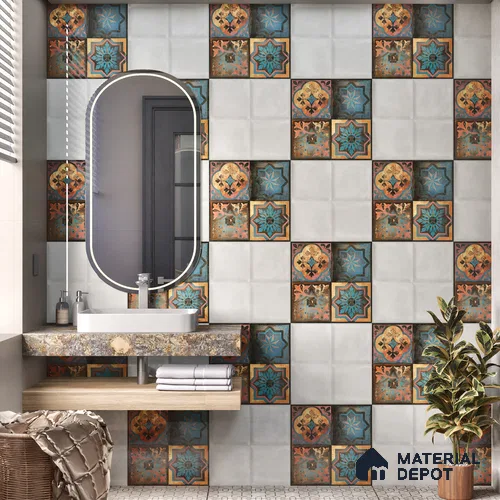 Moroccan Wall Tile TL 01453 B Piazza Elis Decor 1 ft x 1 ft Ceramic Glossy Finish Tile - 9 mm | Suitable for Bathroom, Kitchen & Balcony | Please Expect a Slight Variation of Pattern