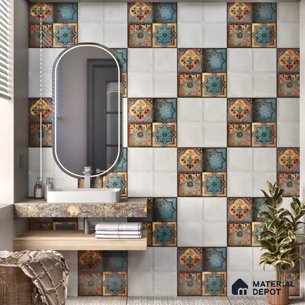 Moroccan Wall Tile TL 01453 B Piazza Elis Decor 1 ft x 1 ft Ceramic Glossy Finish Tile - 9 mm | Suitable for Bathroom, Kitchen & Balcony | Please Expect a Slight Variation of Pattern