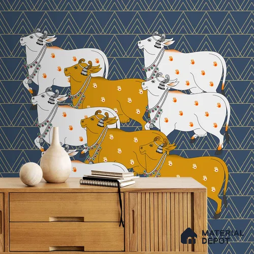 Pichwai Cow Design Blue Wallpaper for Walls, Customised Indrani Series Canvas Artistic Design (Customised Size Wallpaper )