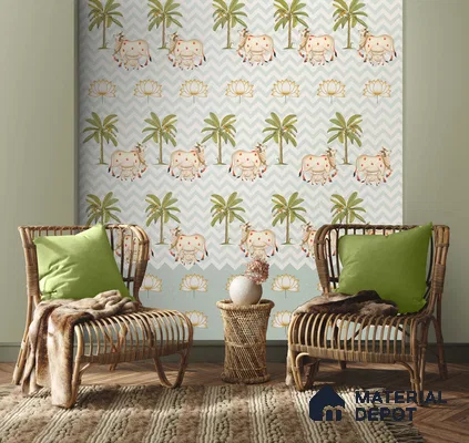 H902612 Pichwai Cows in Chevron Pattern Wallpaper Sukoon Series Canvas Patterned Design (Customised Size Wallpaper)