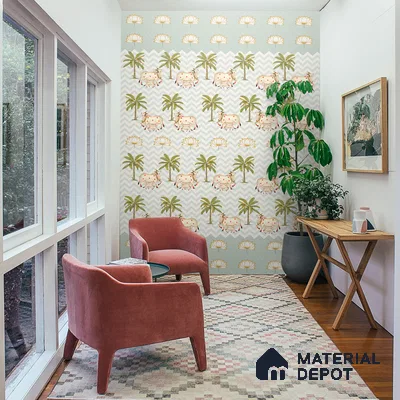 H902612 Pichwai Cows in Chevron Pattern Wallpaper Sukoon Series Canvas Patterned Design (Customised Size Wallpaper)