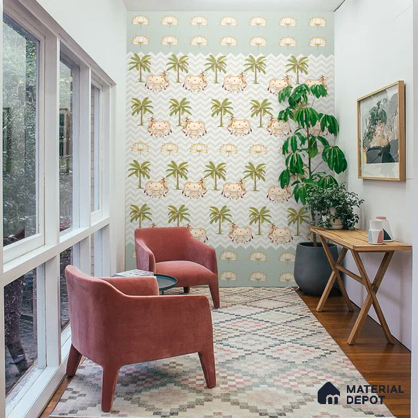 H902612 Pichwai Cows in Chevron Pattern Wallpaper Sukoon Series Canvas Patterned Design (Customised Size Wallpaper)