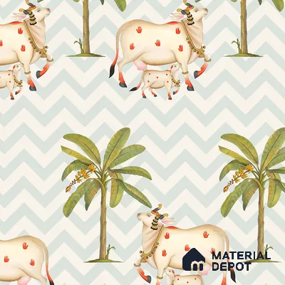 H902612 Pichwai Cows in Chevron Pattern Wallpaper Sukoon Series Canvas Patterned Design (Customised Size Wallpaper)