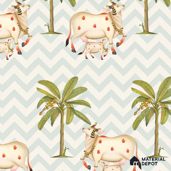 H902612 Pichwai Cows in Chevron Pattern Wallpaper Sukoon Series Canvas Patterned Design (Customised Size Wallpaper)